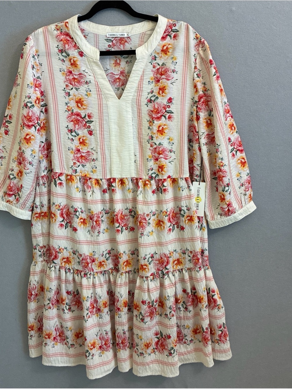 Floral Cream Tiered Casual Dress with Pink & Yellow Blooms